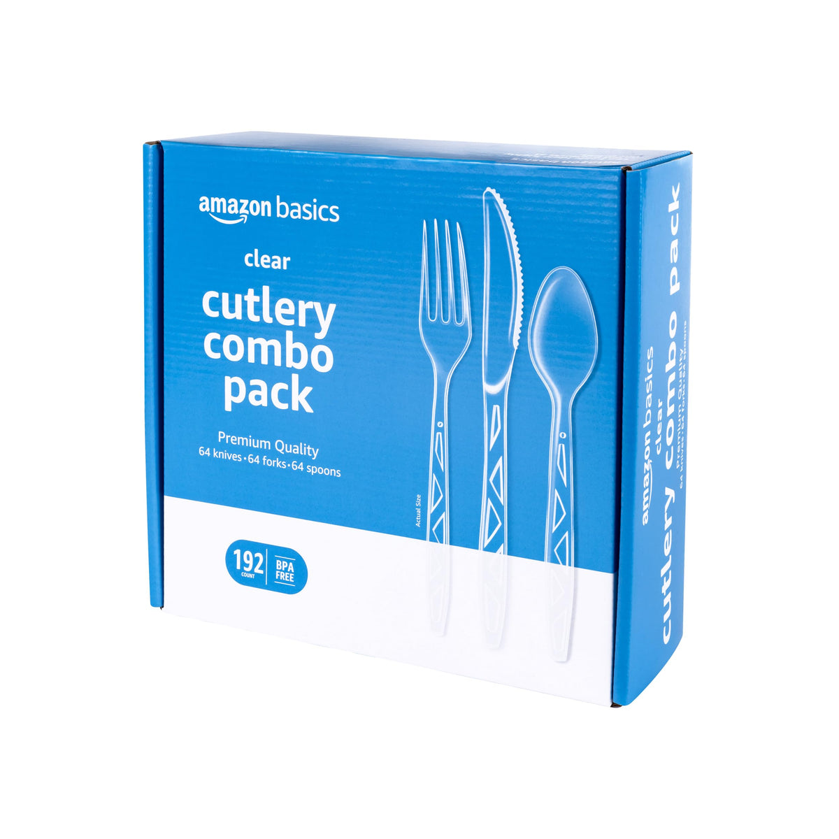 Amazon Basics Disposable Clear Assorted Cutlery Set, Premium Quality, 192 Count, Large Combo Pack Forks, Spoon and Knives