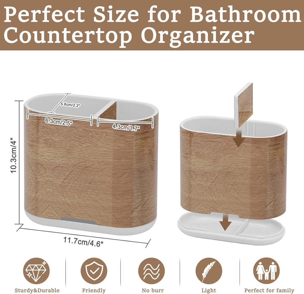 Toothbrush and Toothpaste Holder with Divider for Bathroom Countertop Organizer, 2 Slots Electric Toothbrush Holders Storage Caddy Drainage for Family, Kids(Wood Grain)