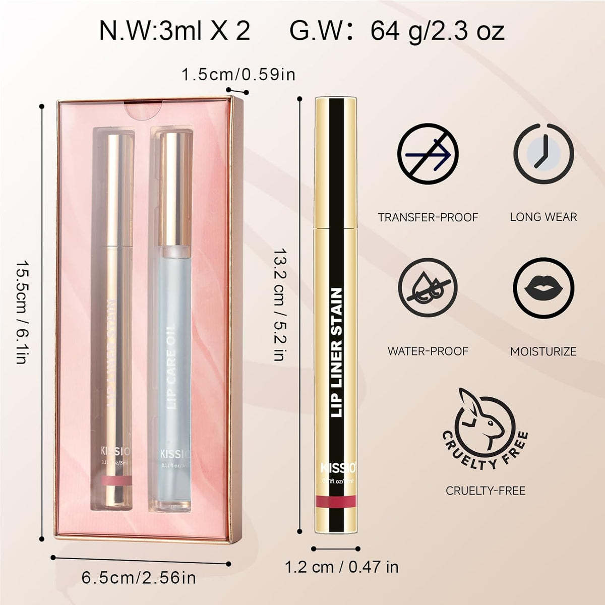 KISSIO Lip Stain Set,Peel Off Lip Liner Stain and Lip Care Oil,Transfer Proof,Long Lasting and Waterproof Lip Tint,Matte Finish,Lip Combo,02 Gray pink