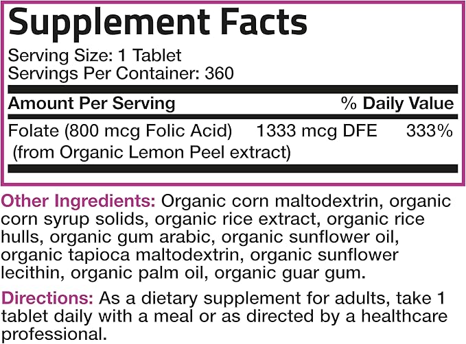 Bronson Organic Folic Acid (Vitamin B9 Folate) 800 mcg Natural Folate from Lemon Peel 360 Tablets