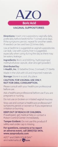 AZO Boric Acid Vaginal Suppositories, Helps Support Odor Control and Balance Vaginal PH with Clinically Studied Boric Acid, Non-GMO, 30 Count (Pack of 2)