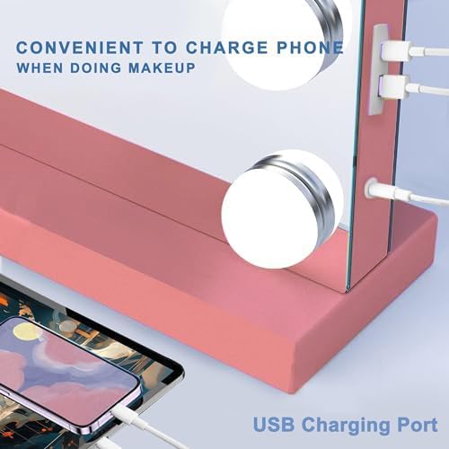 Pink Hollywood Vanity Mirror with Lights, 15 Dimmable Bulbs, 3 Color Lights,Make Up Lighted Mirror, Aluminum Metal Frame, USB Charging Port（23" x 18"）
