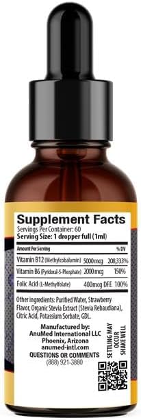 ANUMED - Vitamin B12 5000 mcg Liquid with B-Complex (Methylcobalamin) Sublingual Drops (2oz)