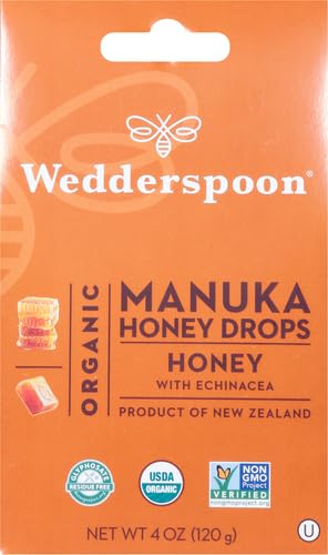 Wedderspoon Organic Manuka Honey Drops, Honey & Echinacea, 20 Count (Pack of 2) | Genuine New Zealand Honey | Perfect Remedy for Dry Throats