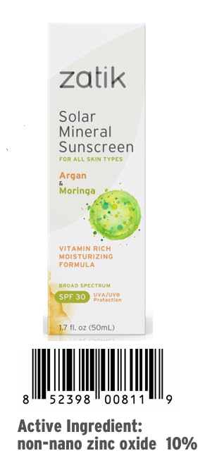 Zatik Naturals - Solar Mineral Sunscreen with Argan and Moringa, Vitamin and Mineral-Based Solar Protection, Vegan, Non-GMO, pH Balanced, FREE from Gluten, Soy, Alcohol. 1.7 fl oz, 50 ml