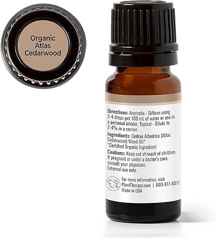 Plant Therapy Organic Atlas Cedarwood Essential Oil 100% Pure, USDA Certified Organic, Undiluted, Natural Aromatherapy for Diffusion, Skin, and Hair, Therapeutic Grade 10 mL (1/3 oz)