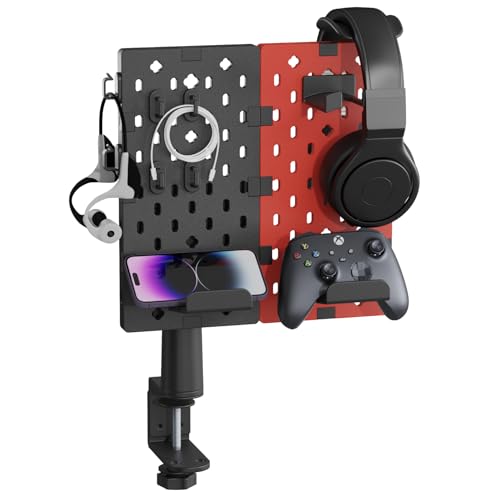 PEGZONE Modular Headphone and Controller Holder for Game, Clamp-on Pegboard, Rotatable Controller Stand with Cable Hooks, Gaming Accessory for Xbox PS5 PS4 Nintendo Switch, 3Pcs Pegboard, Red