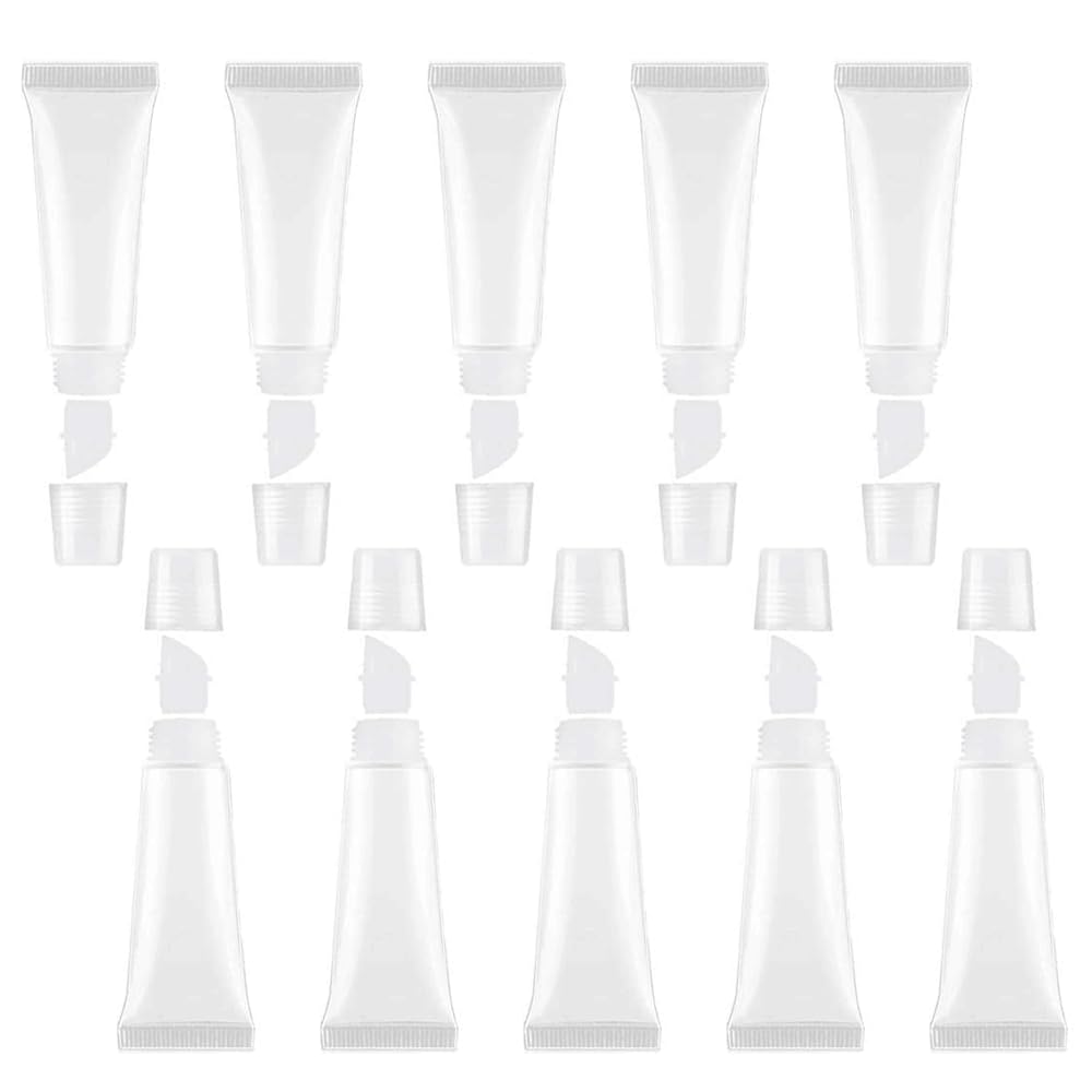 JIAKAI 10ml Mini Clear Refillable Empty Tubes Lip Gloss Balm Container，Soft Tubes Makeup Box，Shampoo Samples Empty Tubes with Screw Cover (10pcs)