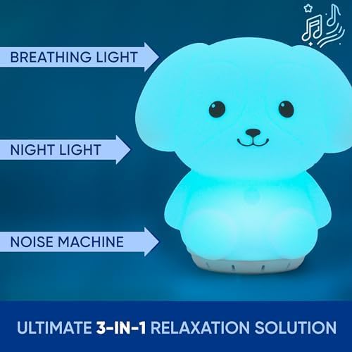 Mindfulness 'Breathing Puppy' | 4-7-8 Guided Visual Meditation Breathing Light | 3 in 1 Device with Night Light & Noise Machine for ADHD Anxiety Stress Relief Sleep - Gift for Kids Adult Women Men