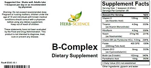 Vitamin B-Complex,Super B Complex Vitamins with Vitamin C Liquid, 16 oz - All B Vitamins Including B1, B2, B3, B5, B6, B7, B9, B12, Folic Acid, Niacin, Biotin, Alcohol-Free - Herb-Science