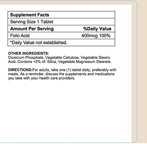Folic Acid 400mcg (Pregnancy Support, Maintain Health Functions), GMP, Natural Product Assn Certified, Made in USA - 400mcg, 60 Tablets