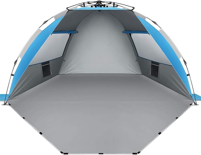 Oileus X-Large 4 Person Beach Tent Sun Shelter - Portable Sun Shade Instant Tent for Beach with Carrying Bag, Stakes, 6 Sand Pockets, Anti UV for Fishing Hiking Camping, Waterproof Windproof, Blue