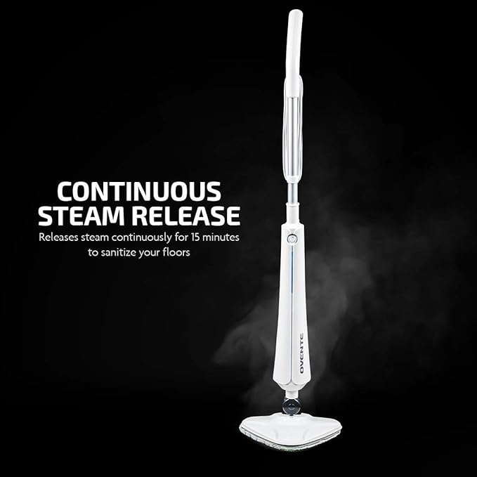 OVENTE Electric Steam Mop Cleaner, 1300W Floor Steamer with Swivel Head, Refillable Water Tank and Washable Microfiber Pad for Cleaning Carpet, Hardwood, Laminate Floor, Tiles and Grout, White ST405W