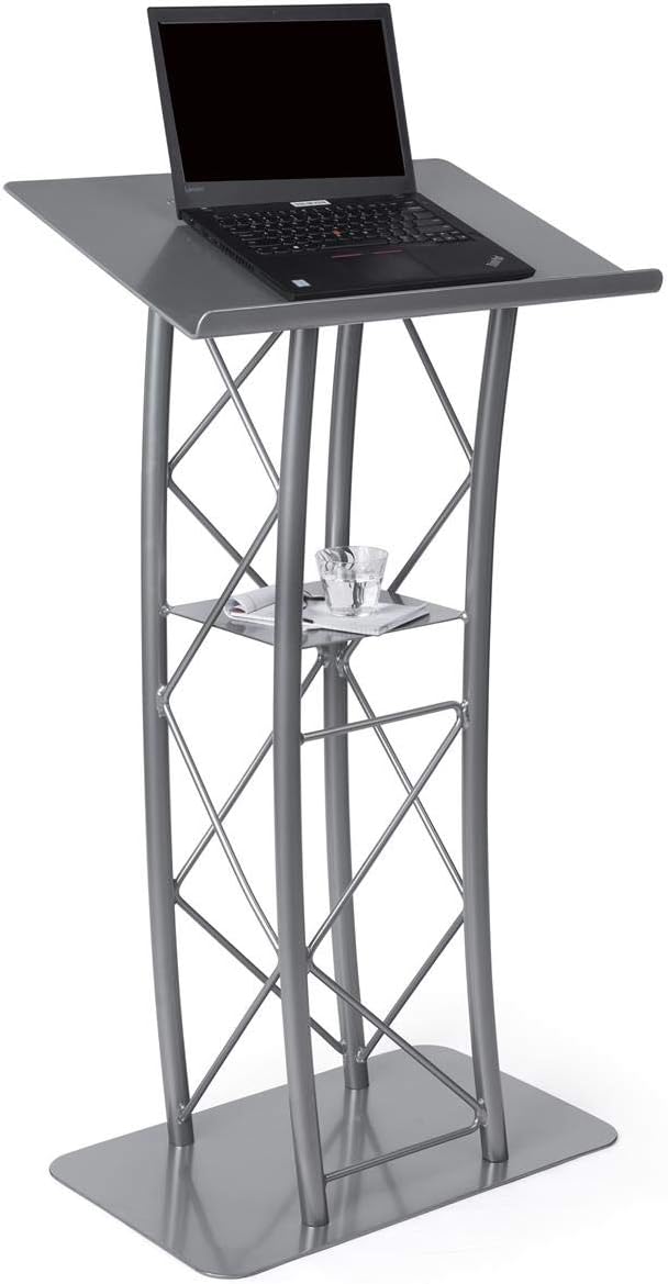 Silver Aluminum & Steel Truss Lectern with Curved Design and Built-in Shelf, 47 inches Tall