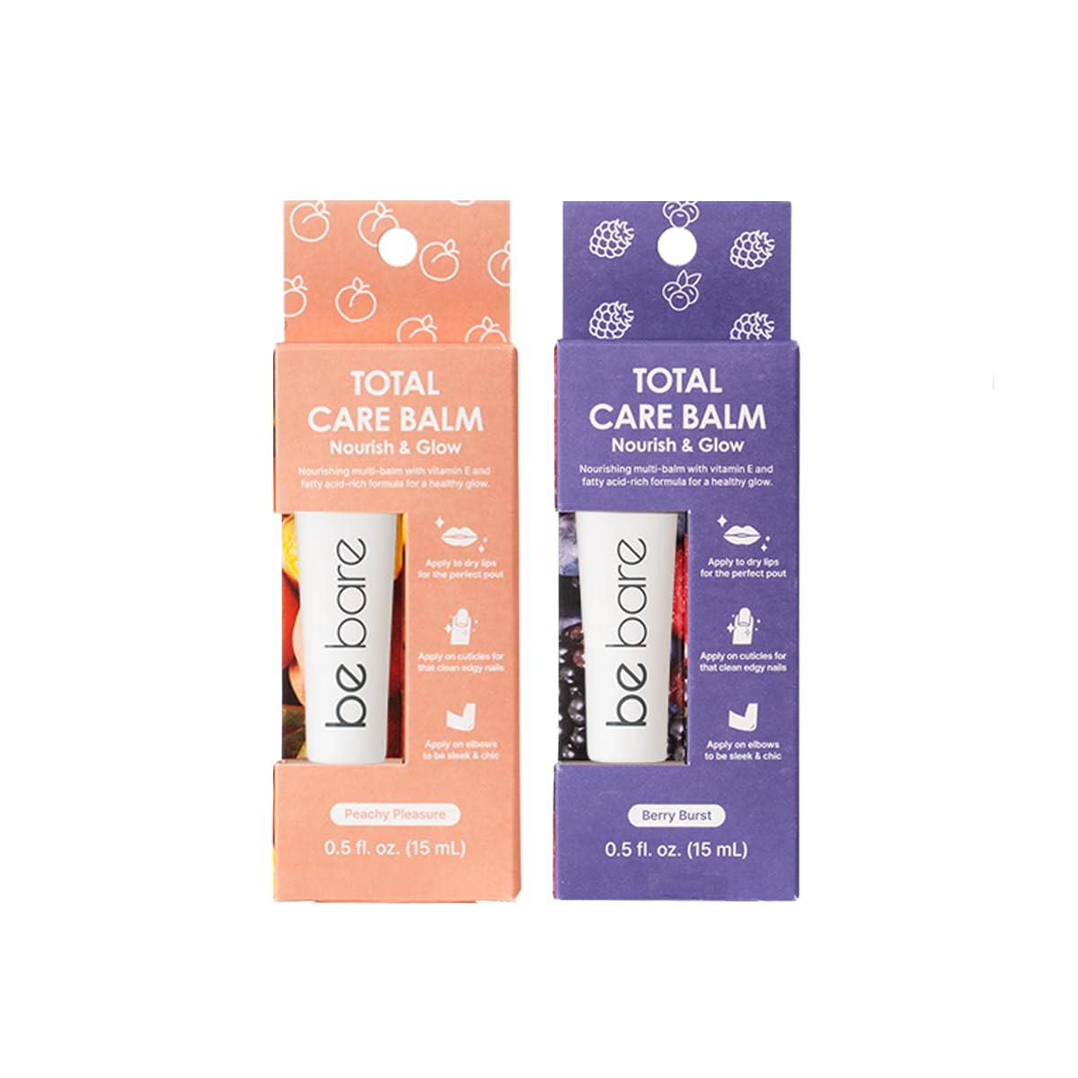 Total Care Balm Dual Pack - Berry Burst and Peachy Pleasure Nourishing Multi-Balm with Vitamin E for Moisturizing Lips, Nails, Elbows and Dry Skin (2 pc)