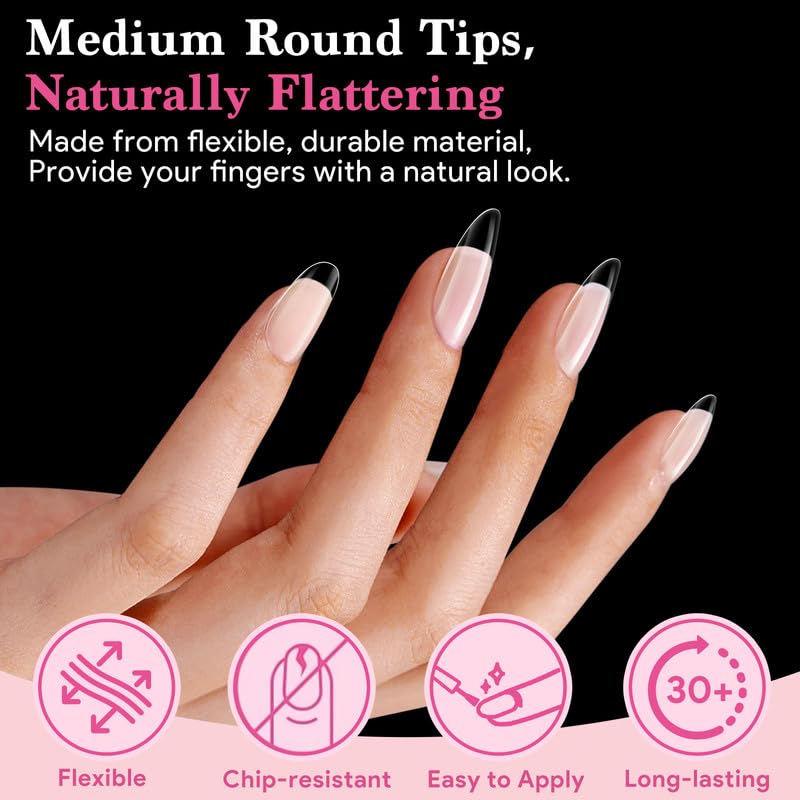 Medium Round False Nail Tips, 15 Sizes 510 PCS Clear Soft Press On Fake Nail Pre-shaped Half Matte Full Cover Gel Nail Tips Extensions Strong Thick Long Lasting for DIY Beginners & Salon Manicure