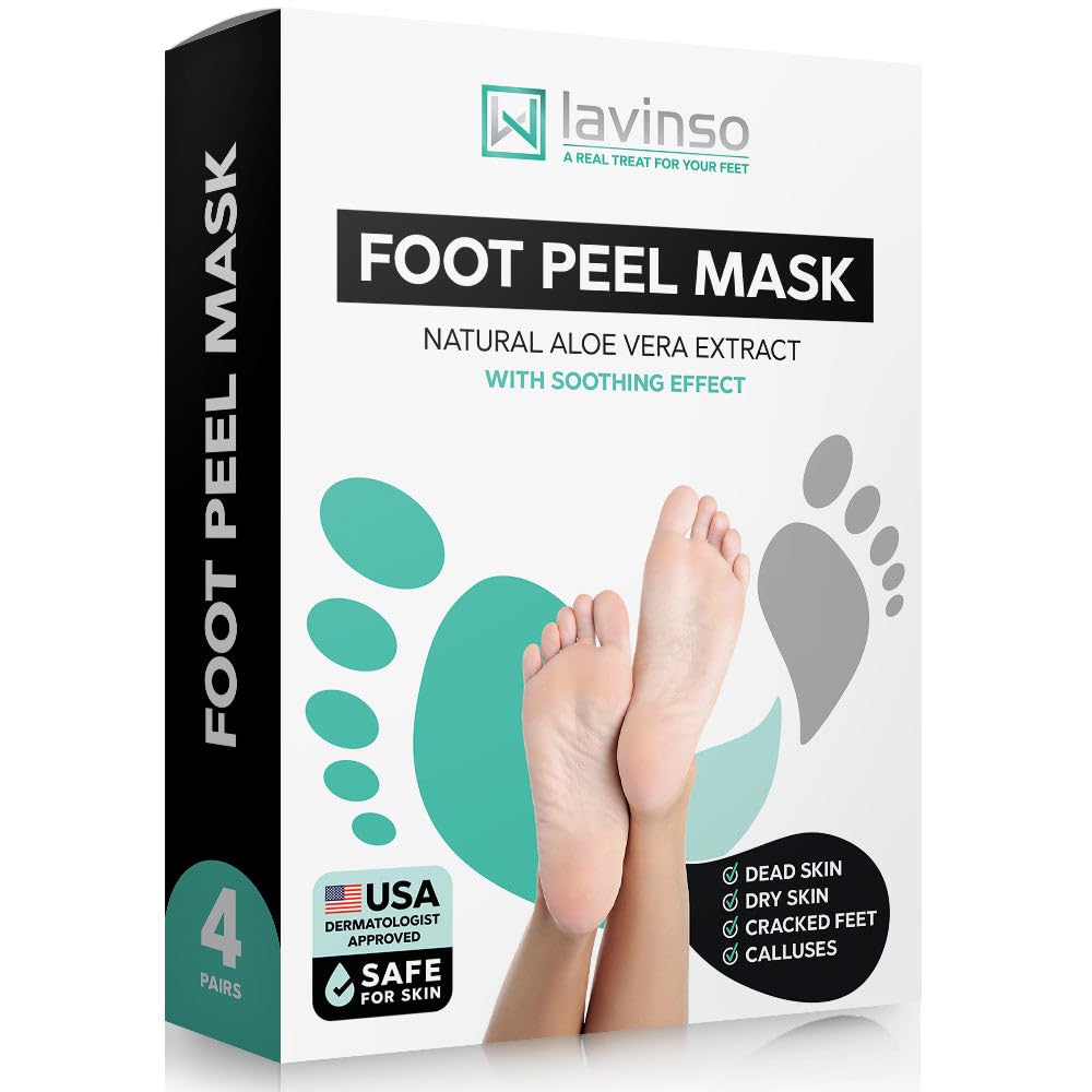 Lavinso Foot Peel Mask for Dry Cracked Feet – 4 Pack Peeling Mask Removes Dead Skin and Calluses - Exfoliating for Soft Baby Feet, Original Scent