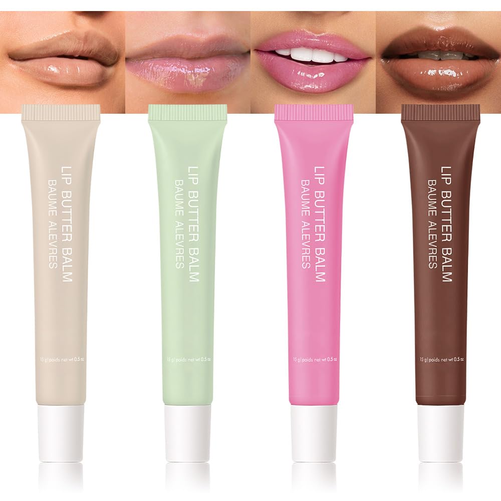 4Pcs Tinted Lip Balm Serum Makeup, Squeeze Hydrating Tint Lips Balms Serum Cosmetic, Women Care Glossy Nourishing Plumping Lip Stain Gloss Lipstick Suitable for dry lips, Set03(01#+02#+04#+08#)