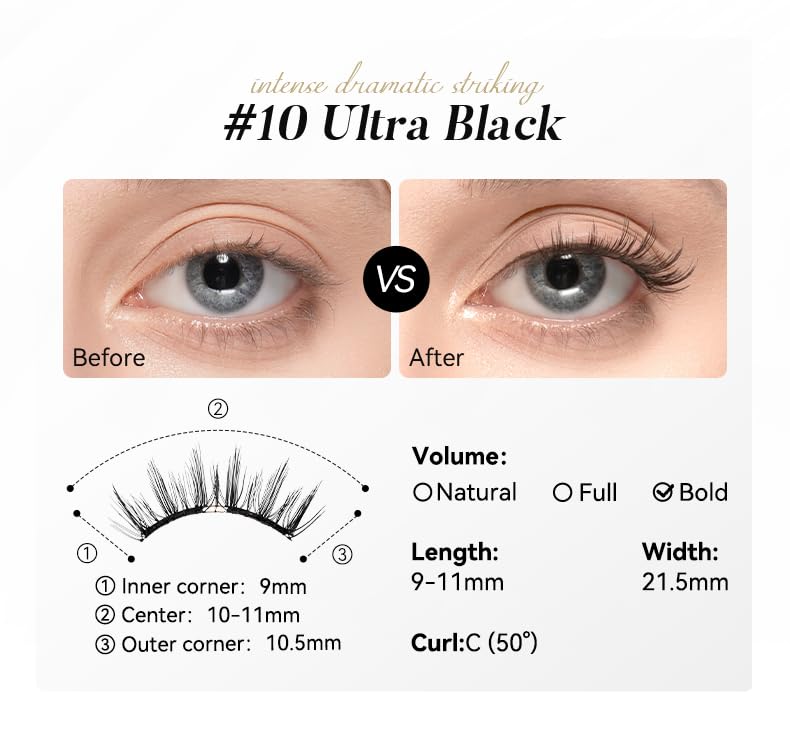 Soft Magnetic Eyelashes Kit with Applicator, No.10 Ultra Black, Reusable Glue-free Wispy Magnetic Lashes, Cruelty-free False Lashes, Waterproof, Lightweight, Suit for Heavy Makeup