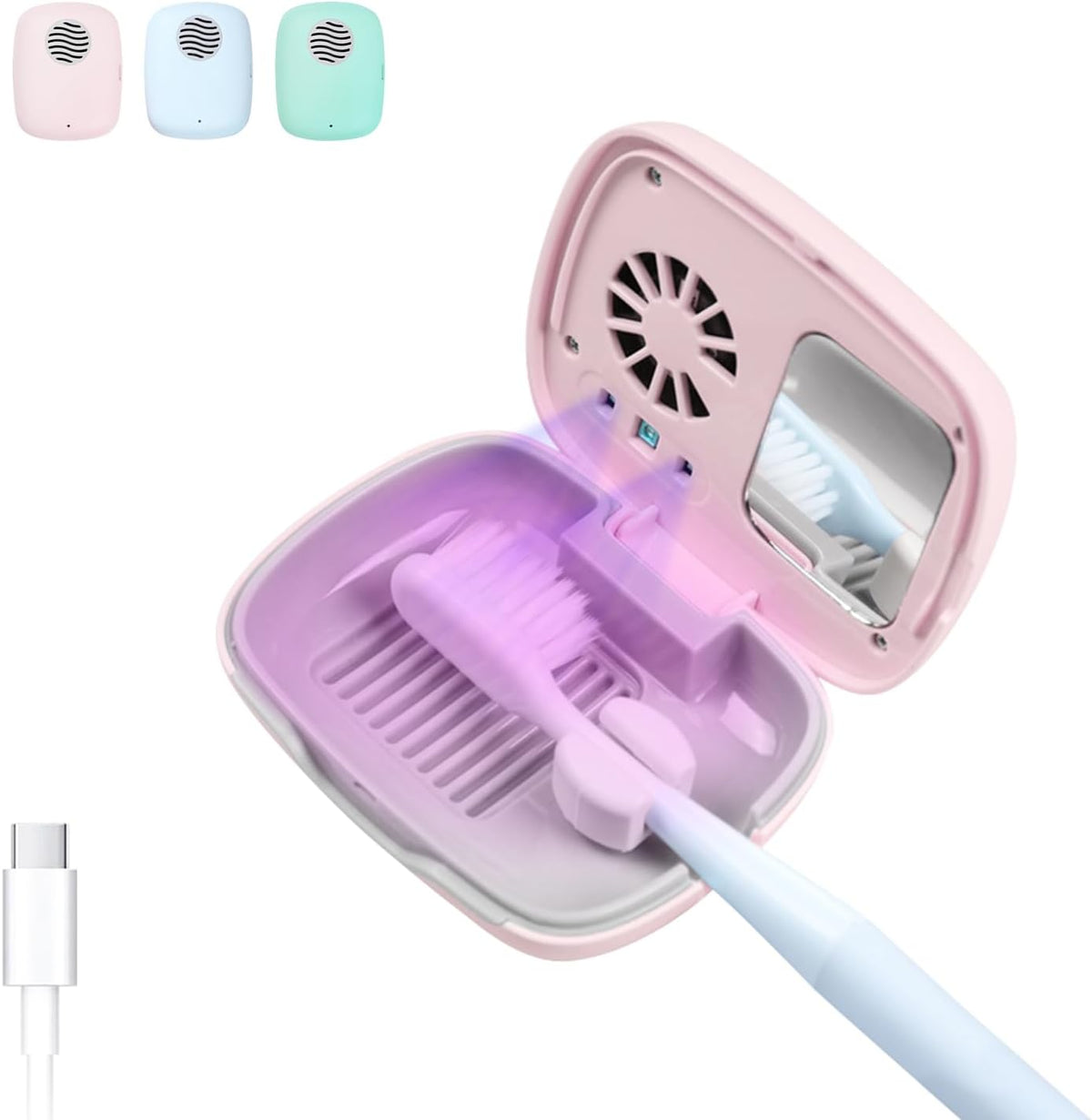 Toothbrush Holder, Toothbrush Cleaner Case, Portable USB Charging Toothbrush Cover with U V-C Light, Travel Toothbrush Holder (Pink-Fan)
