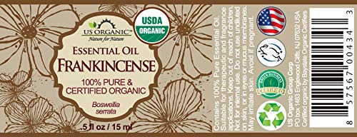 US Organic 100% Pure Frankincense Essential Oil, USDA Certified Organic, Steam Distilled, Boswellia serrata, Sourced from India, Topically or in Diffuser, Perfect for Aging or All Skin Type (15 ml)