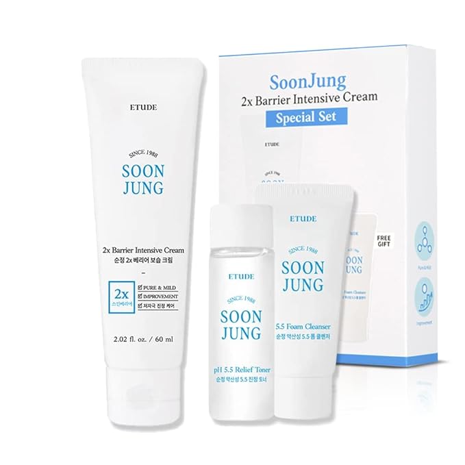 ETUDE SoonJung 2x Barrier Intense Cream Set | 2x Barrier Cream 2.02fl.oz + Ph 5.5 Relief Toner 0.85 Fl.oz. + Foam Cleanser 0.68 Fl.oz. | Oil & Water Balance, Korean Skin Care