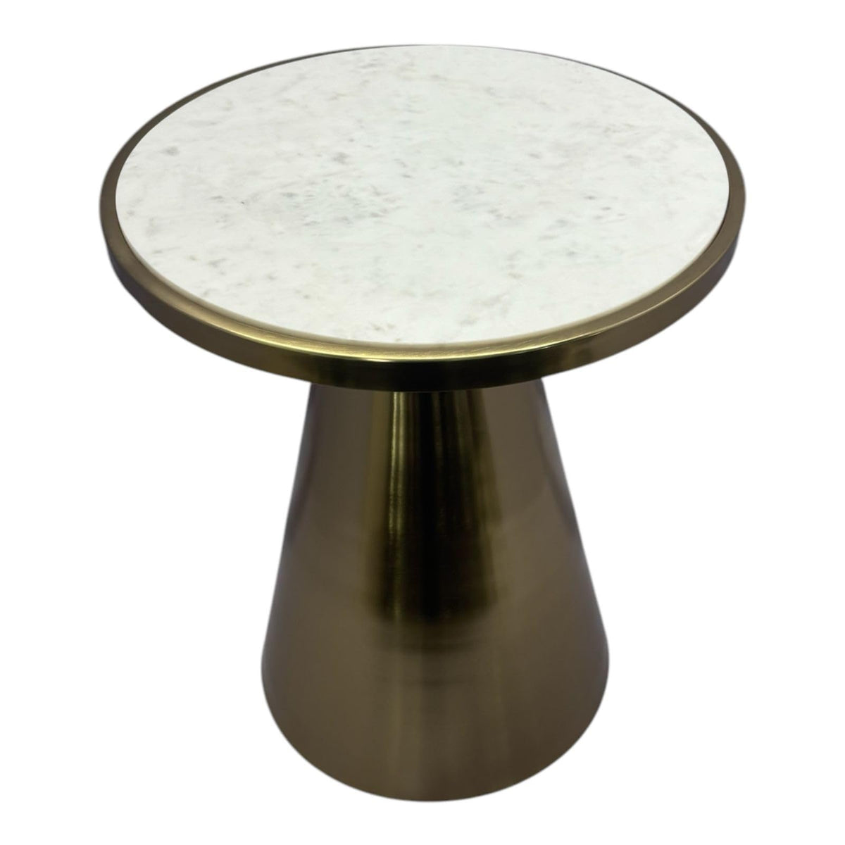 Modern Round Side Table with Marble Top, Gold Metal Base, Conical Design