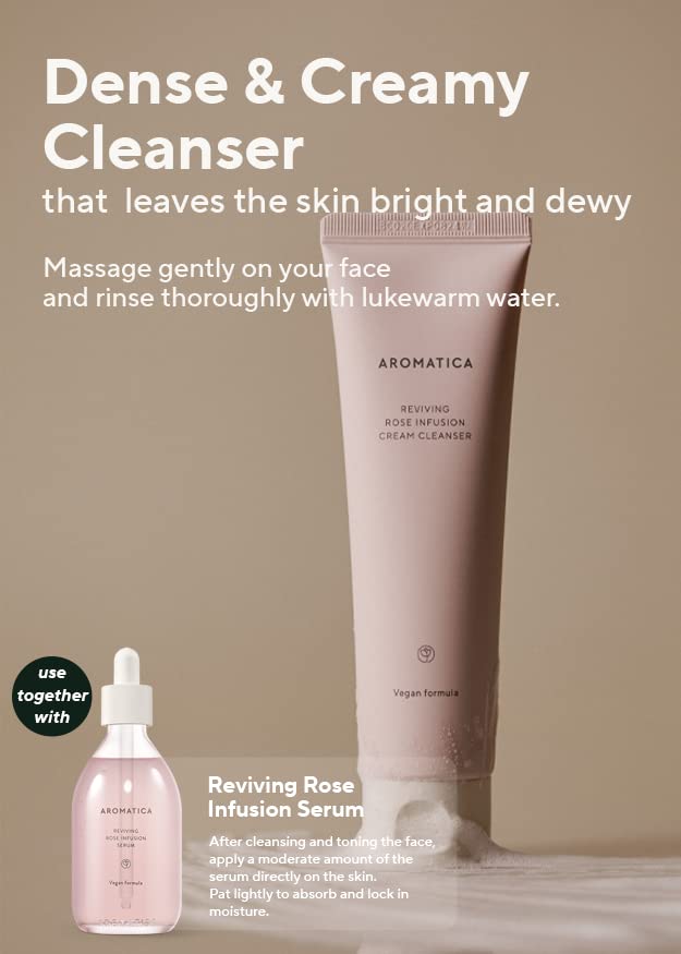 AROMATICA Reviving Rose Infusion Cream Cleanser 5.11oz /145g Double Cleanser, Hydrating Foaming cleanser for dry skin with Damask Rose Water and Rose Oil | Vegan, Cruelty Free