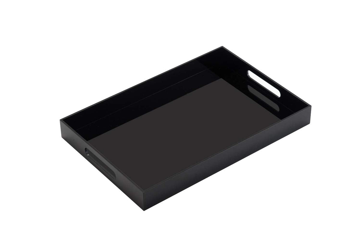 KEVLANG Glossy Black Sturdy Acrylic Serving Tray with Handles-10x10Inch-Serving Coffee,Food,Breakfast,Butler-Kitchen Countertop Tray-Makeup Drawer Organizer-Vanity Table,Ottoman Tray-Decorative Tray