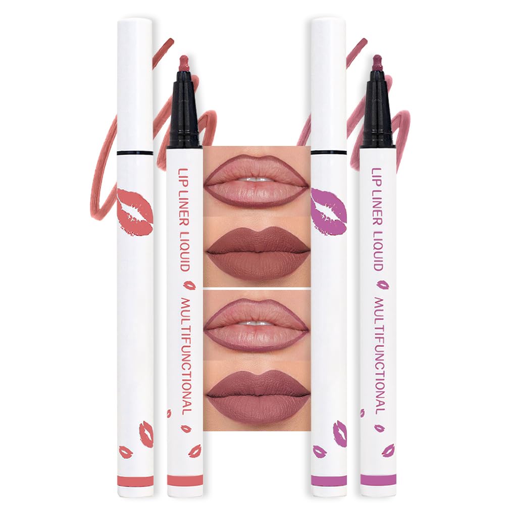 2Pcs Longwear Liquid Lip Liner Stain Marker Pen Set Long Lasting Waterproof, Maroon Dusty Mauve Purple Matte 24 Hour Lip Liner and Lipstick Combo Korean Color Stay Lipliner All Day Lips Stain peel off