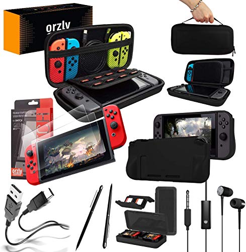 Switch Accessories Bundle - Orzly Essentials Pack for Nintendo switch OLED Case & Screen Protector , Grip Case, Games Holder, Headphones - Classic Black Edition