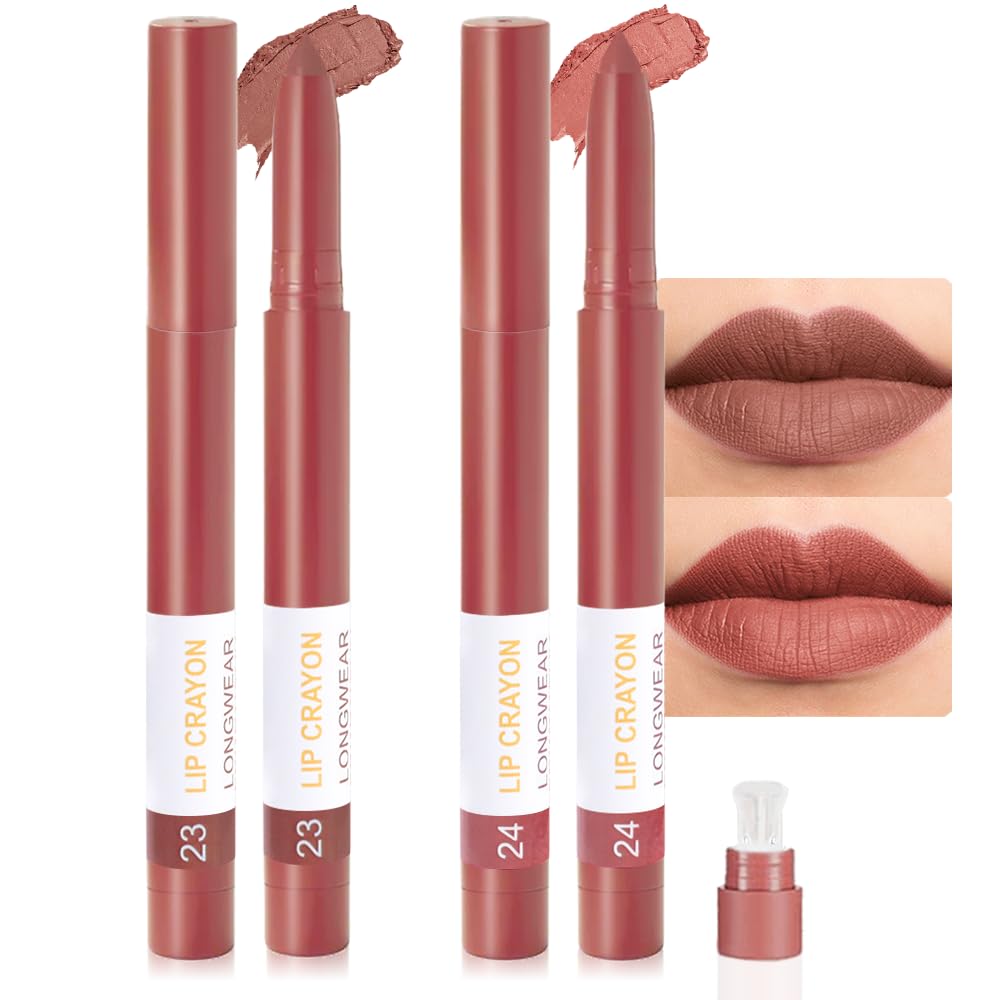 BINGBRUSH Matte Lip Crayon Set – Longwear, Waterproof, Velvet Finish, Built-in Sharpener, Smooth Lip Liner & Gloss (23#+24#, 2 Count (Pack of 1))