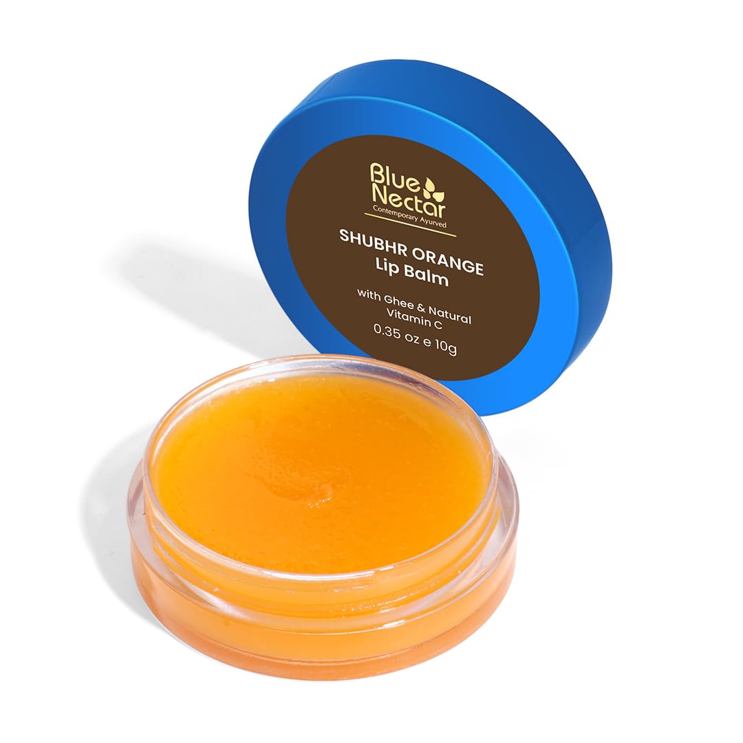 Blue Nectar Ayurvedic Orange Lip Balm with Organic Ghee & Natural Vitamin C for Dry Lips | Moisturizing Lip Gloss with Clean Ingredients (0.35 oz, 10 Herbs)