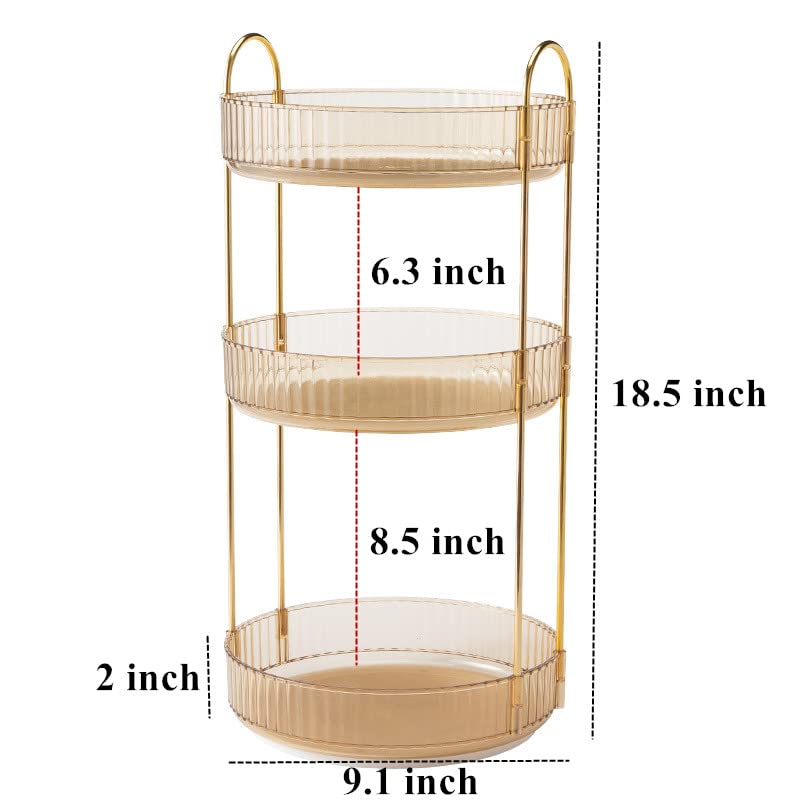 360 Rotating Makeup Organizer - High-Capacity Skincare & Cosmetics Organizer for Vanity, Bathroom or Dresser (3 Tiers, Amber)