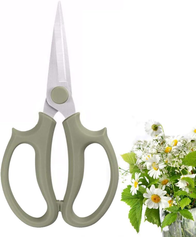 Leize Flower Scissors, Premium Thickened Stainless Steel Floral Shears, Strong Pruner for Flowers, Branches and Leaves (Grey Green Slender)