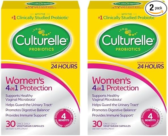 Culturelle 4-in-1 Probiotics for Women, Daily Probiotic & Prebiotic Supplement to Support Vaginal Health, Digestive Health, Immune Health, Occasional Diarrhea, Gas & Bloating Relief, Non-GMO, 30 Count