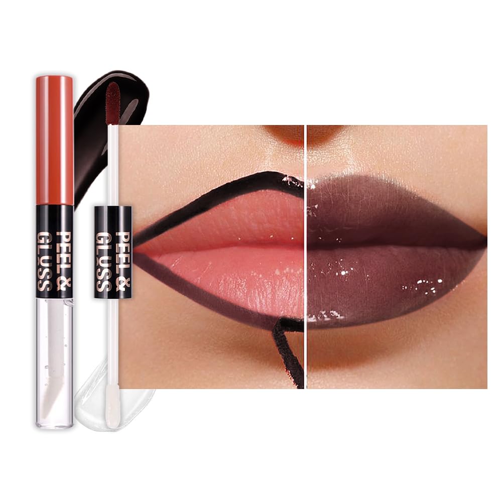 Maroon Lip Stain Peel Off Lip Gloss oil Dual-Ended Combo, Lips Liner Stain Peel Off Tattoo, Long Lasting & Waterproof, Transfer-Proof Lip Tint Stain with Lip oil for All Skin Type 07#