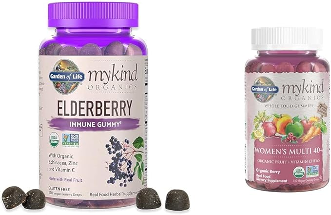 Garden of Life Organics Elderberry Gummies for Adults & Kids - Immune Support Supplement with Organic Fruit & Organics Women 40+ Gummy Vitamins - Berry - Certified Organic