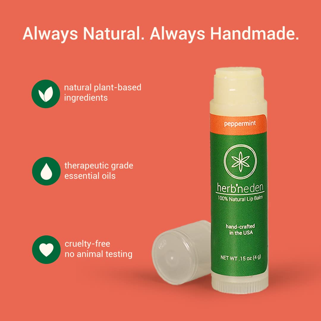 Herb’N Eden Peppermint Lip Balm Pack of 3 | Moisturizing and Soothing for Dry, Chapped Lips | 100% Natural Ingredients | Essential Oils