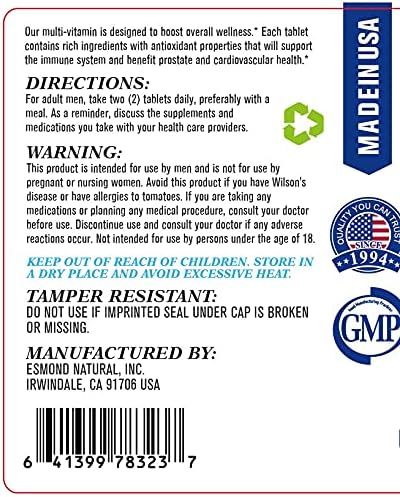 (5 Pack) Esmond Natural: Men's Vitality Complex (Advanced Multivitamin and Mineral Supplement for Men. Supports Energy and Vitality), GMP, Natural Product Assn Certified, Made in USA - 300 Tablets