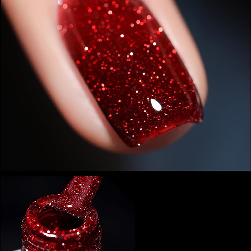 MIZHSE Glitter Red Gel Nail Polish, Reflective Gel Polish Sparkly Shiny Shimmer Nail Polish Soak Off Nail Art Salon Varnish Manicure DIY at Home Christmas Color