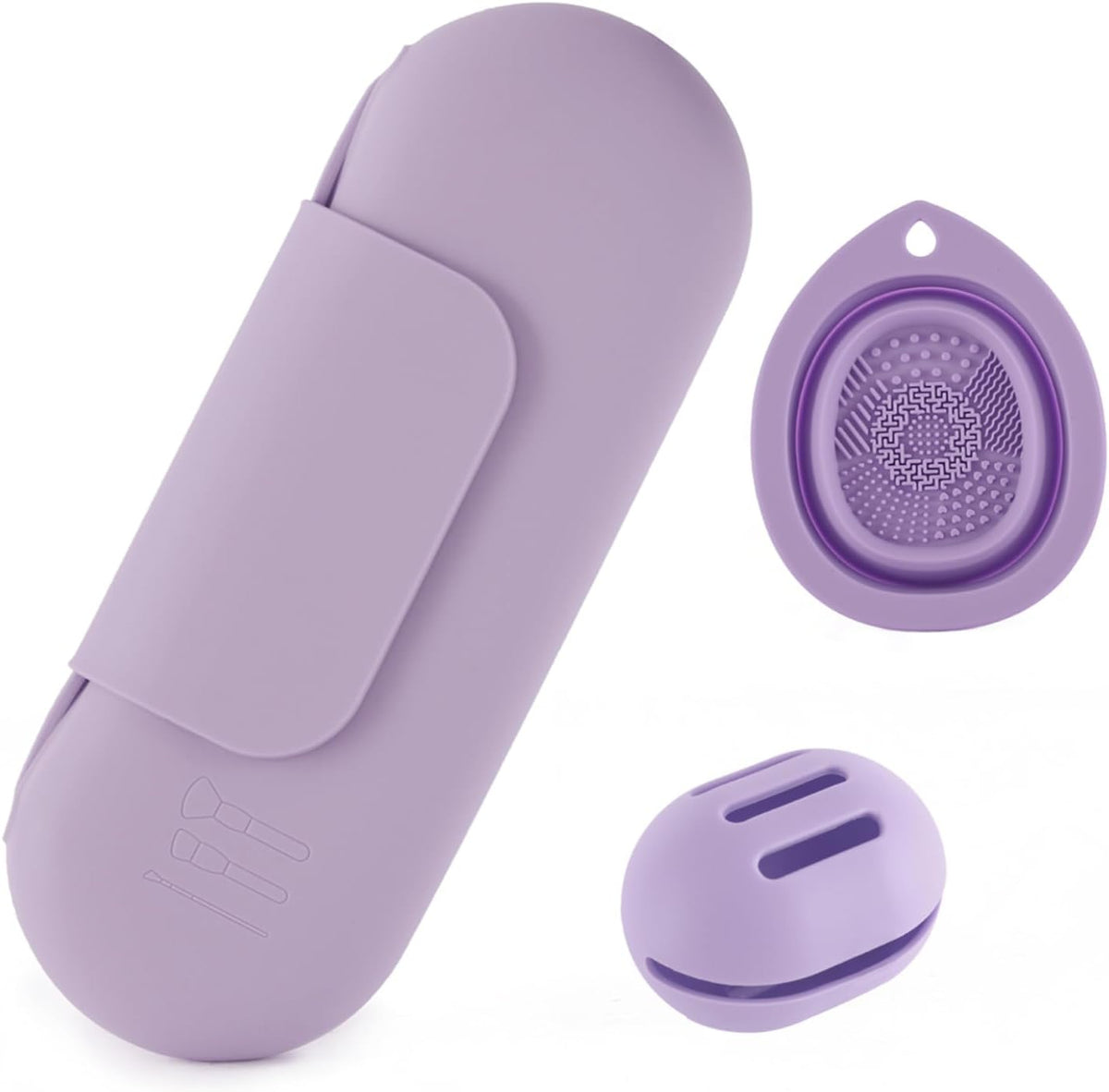 Silicone Makeup Brush Holder Set – Portable Travel Makeup Brush Holder with Makeup Sponge Holder and Foldable Cleaning Bowl – Upgraded 3-in-1 Cosmetic Organizer Set (purple)