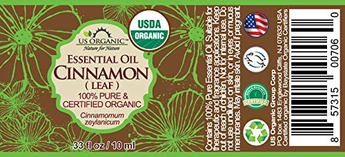 US Organic 100% Pure Cinnamon Leaf Essential Oil - USDA Certified Organic, Steam Distilled - W/Euro Dropper (More Size Variations Available) (10 ml / .33 fl oz)