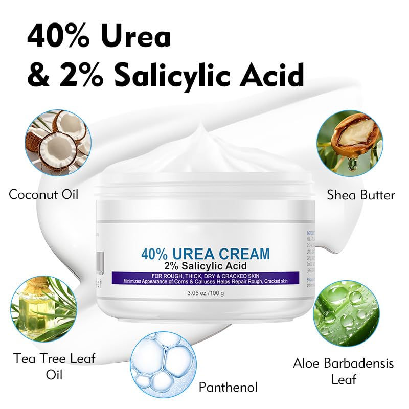 40% Urea Cream plus Salicylic Acid 2%, Anti-Cracking Nourishing and Moisturizing Hand and Foot Cream，Softens Cuticles on Rough Skin of Hands and Feet，3.05 OZ