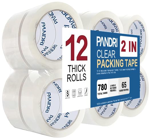 PANDRI Packing Tape, 12 Rolls Heavy Duty Clear Packaging Tape for Shipping Packaging Moving Sealing, 2 inches Wide, 65 Yards Per Roll, Total 780 Yards