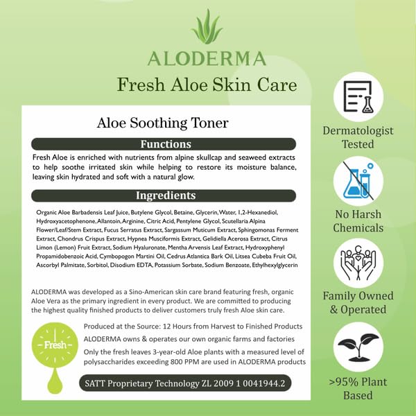 Aloderma Soothing Facial Toner Made with 91% Organic Aloe Vera, Alcohol Free Toner for Face for Sensitive Skin with Allantoin and Hyaluronic Acid - Natural Aloe Face Toner for Dry, Red Skin - 4.2oz