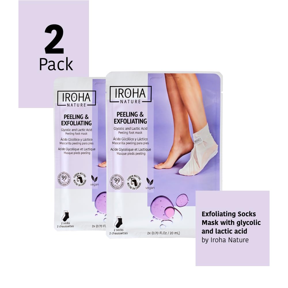 IROHA NATURE Exfoliating Foot Peeling Socks | 2 Pairs (2 Uses)| With Glycolic, Lactic, Salicylic Acids & Lavender | Intensive Treatment for Callused, Dry & Cracked Feet | Vegan Formula