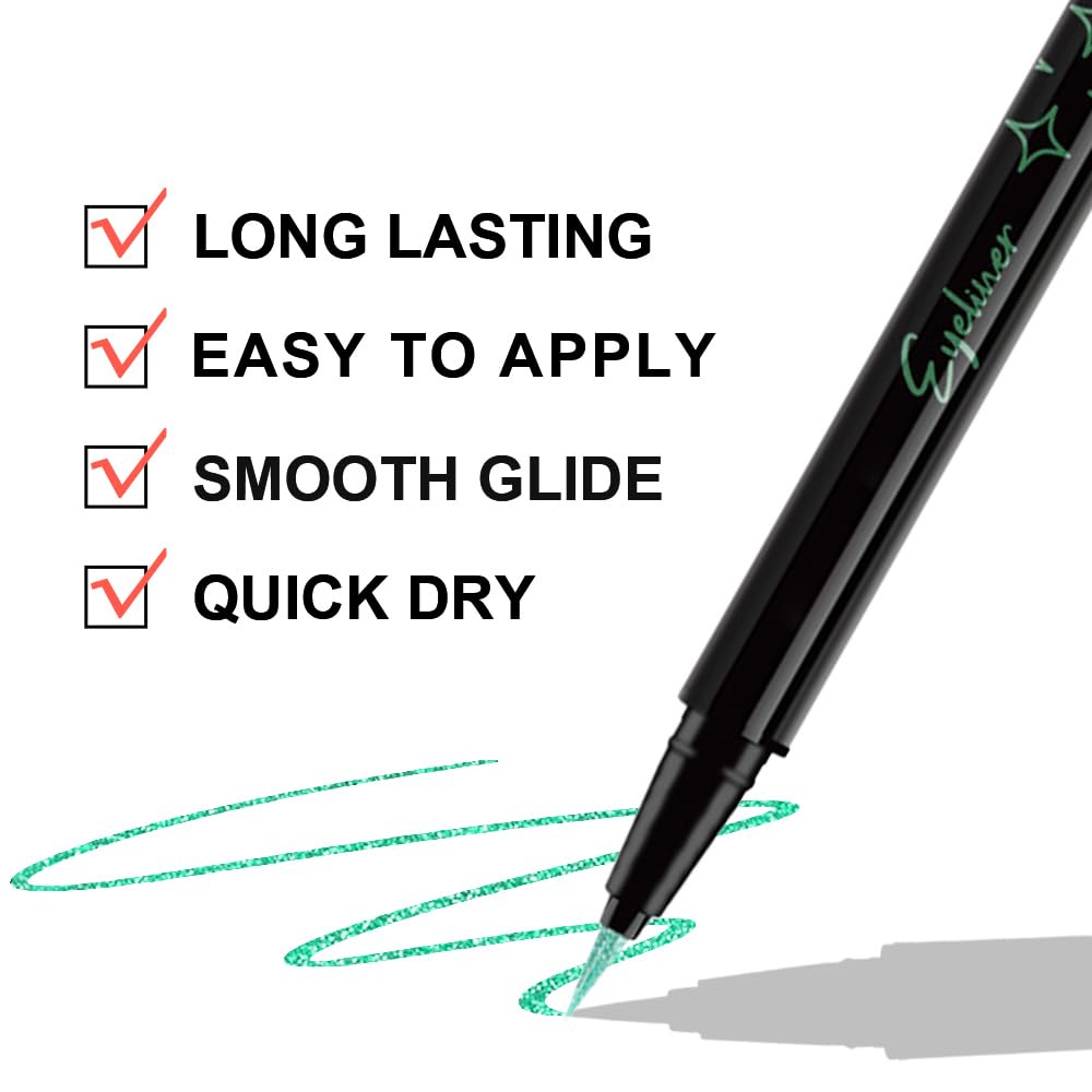 Green Metallic Glitter Liquid Eyeliner Pen – Long-Lasting Sparkly Waterproof Eyeliner for Women & Men – Tattoo-Effect Eye Makeup for Parties – Delineador Líquido con Brillo 06