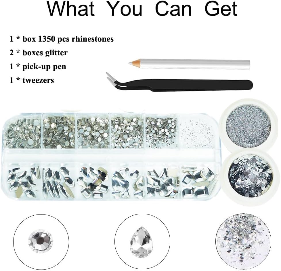 3 Boxes Silver Nail Rhinestones with Fine Glitters Kit, 60Pcs Big Assorted Silver Nail Gems with S6-S16 Flatback Round Stones,Crystals Nail Gem Stones for Faces Body DIY Crafts