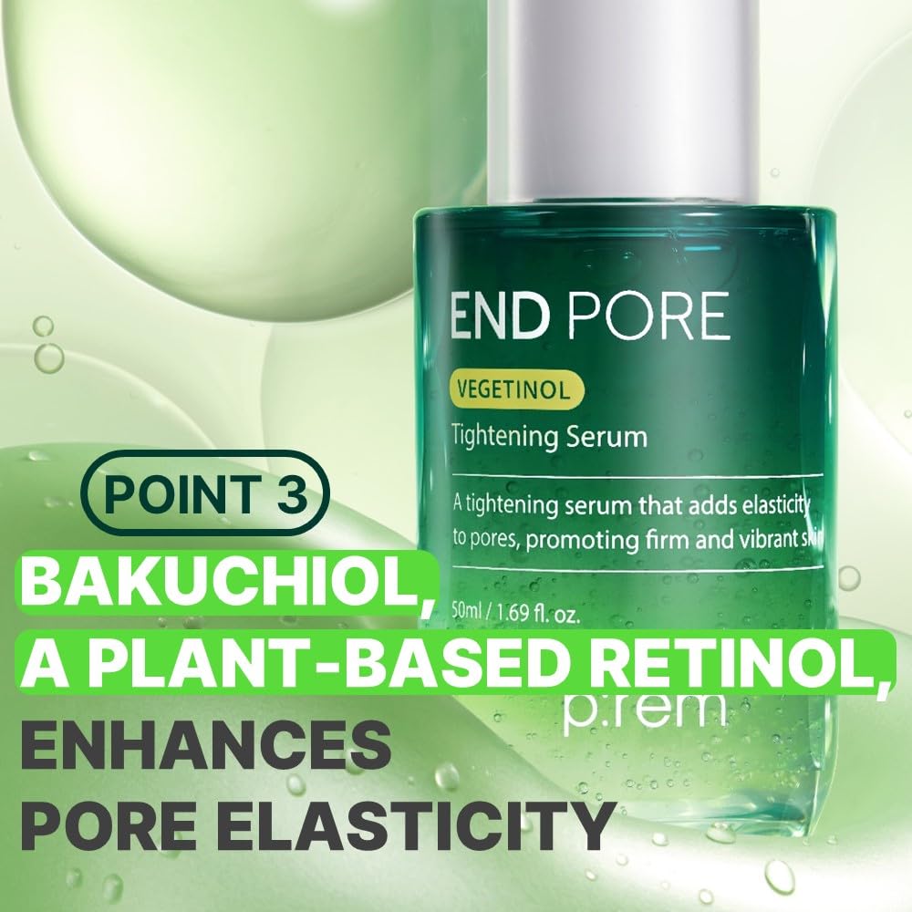 MAKE P:REM End Pore Vegetinol Tightening Serum, Pore Tightening Bakuchiol Serum with Vegan Collagen and Vitamin B Complex for Sensitive Skin, Korean Skin Care, 1.69 Fl. Oz, 50ml